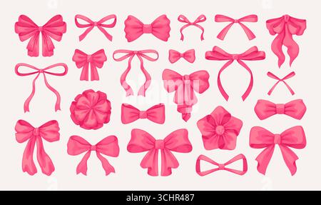 Arc cadeau. Ruban rose dessiné à la main. Mignon nœud noué vintage pour carte cadeau de vacances. Bandeau pour cheveux. bowknot satiné. Accessoire d'anniversaire. Noeud papillon décoratif. Ruban adhésif élégant. Ensemble d'éléments en soie de fille de conception vectorielle Illustration de Vecteur