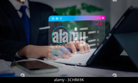 Professionnel des affaires utilisant le chatbot ai sur ordinateur portable avec écran holographique et icône de cerveau, symbolisant l'intelligence artificielle, le service à la clientèle, machin Banque D'Images