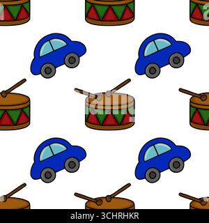Modèle vectoriel sans couture avec un arrangement ludique de voitures jouets bleues et de tambours colorés avec des baguettes de batterie, créant un ID de design vibrant et joyeux Illustration de Vecteur