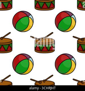 Modèle vectoriel sans couture avec un arrangement ludique de tambours et de balles de jouet colorés, idéal pour les produits pour enfants, les dessins textiles, ou BA joyeux Illustration de Vecteur