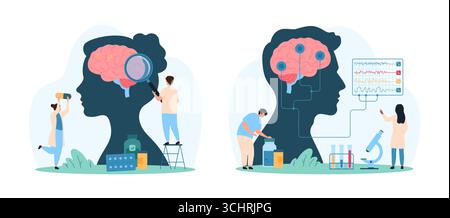 Les médecins et les chercheurs examinent l'activité cérébrale humaine, les taches douloureuses et le système nerveux en utilisant l'EEG et l'équipement de laboratoire pour le diagnostic et le traitement neurologiques, isolés sur l'illustration vectorielle de fond blanc Illustration de Vecteur