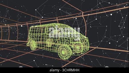 Modèle de fourgon filaire vert flottant tournant dans un tunnel de grille orange, avec des nœuds de réseau blancs Banque D'Images