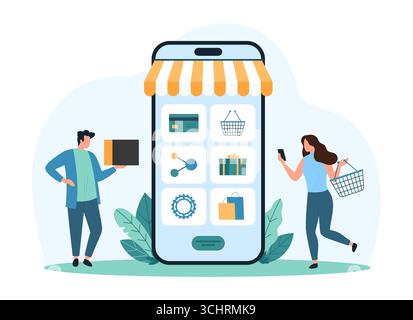Les clients interagissent avec un smartphone géant affichant un menu d'applications de vente au détail, choisissant des produits et effectuant des achats en ligne, mettant en évidence le commerce électronique moderne et l'illustration vectorielle d'achat numérique Illustration de Vecteur