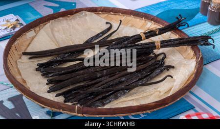 Pure vanille séchée, épice dérivée d'orchidées du genre Vanilla de l'île de Madagascar Banque D'Images