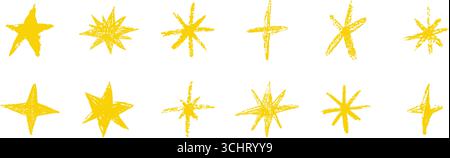Collection Chalk Stars Doodle. Grunge dessiné à la main ensemble texturé d'icônes d'étoile isolé sur fond blanc Illustration de Vecteur