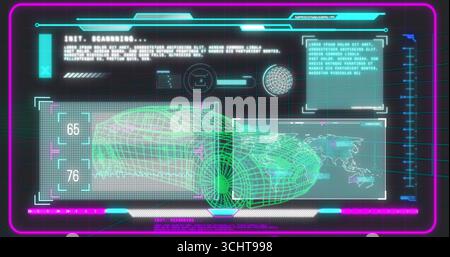 Affichage de l'interface de balayage holographique dans la console, avec tête filaire, carte du monde, cadre au néon Banque D'Images