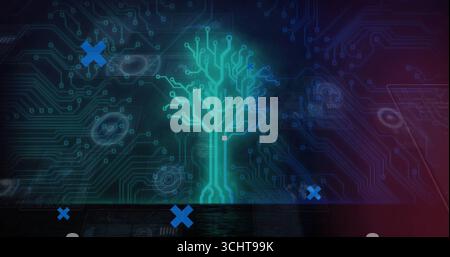 Arbre de circuit vert néon lumineux s'élevant de la base du miroir, montrant les traces de la carte de circuit imprimé, X bleus Banque D'Images