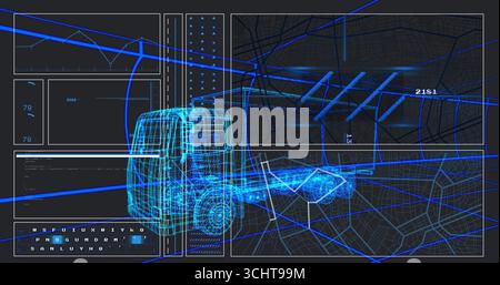 Affichage d'un tableau de bord futuriste montrant un modèle de camion filaire 3D sur une grille spatiale, avec des panneaux de données Banque D'Images