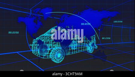 Affichage d'un modèle de voiture filaire bleu néon flottant dans un environnement virtuel 3D, avec des données cartographiques numériques Banque D'Images