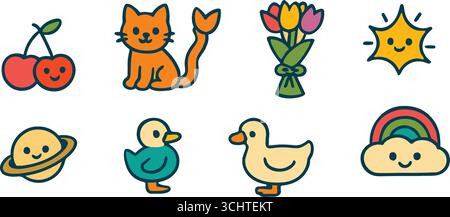 Ensemble d'illustration de dessin animé mignon avec fruit de cerise souriant, chat orange, bouquet de fleurs, soleil heureux, planète, canards, nuage arc-en-ciel – icônes vectorielles colorées f Illustration de Vecteur