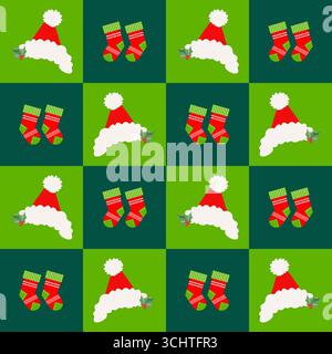 Vector Seamless motif à carreaux pour Noël 2026 avec chapeaux de Père Noël, houx et chaussettes rouges rayées sur des carrés verts et sombres alternant idéal pour déc Illustration de Vecteur