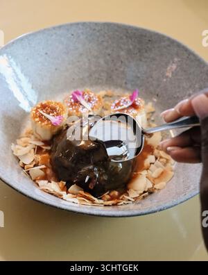 dessert au chocolat plaqué. Une main avec une cuillère est sur le point de se briser dans un riche dôme de chocolat noir, qui est arrosé de sauce. Banque D'Images