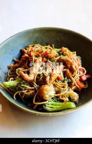 gros plan d'une assiette de poulet chow mein. L'image présente de tendres bandes de poulet, un éventail de légumes colorés et tendres comme Bright Banque D'Images