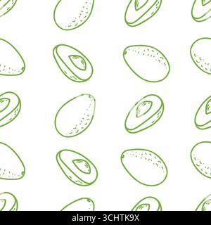 Motif graphique sans couture avocat dans un style minimaliste. Art de ligne verte dessiné à la main de fruits entiers et couper des tranches isolées sur un fond blanc. Pour Illustration de Vecteur
