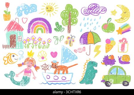 Un ensemble vibrant de griffonnages de style crayon pour enfants mettant en vedette des animaux, la météo, la nature, des jouets et des personnages fantastiques. Exprime la créativité et l'imagination, illustration vectorielle. Illustration de Vecteur