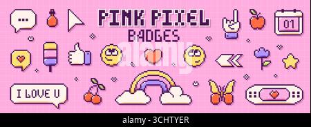 Y2K éléments d'interface utilisateur mignons et roses pixels. Arc-en-ciel, emoji heureux, papillon, cerises, crème glacée et bulles de parole. Illustration de Vecteur
