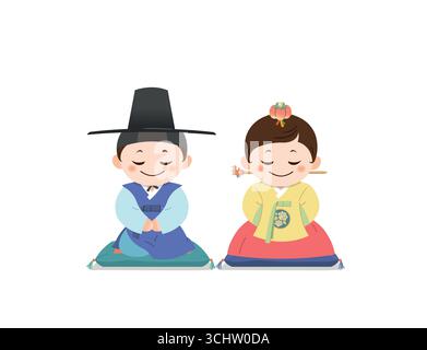Design coréen traditionnel. Un couple portant hanbok est assis sur un coussin. Illustration de Vecteur