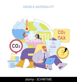 Illustration vectorielle colorée représentant le concept de double matérialité avec des individus interagissant avec les éléments du changement climatique, y compris le CO2, les implications fiscales et l'impact du réchauffement climatique. Illustration de Vecteur