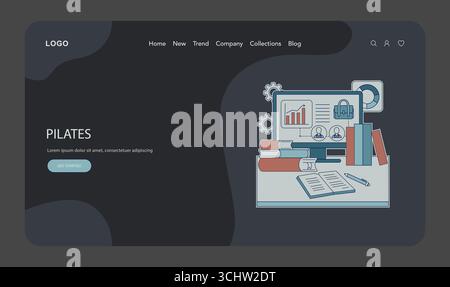Illustration vectorielle d'un espace de travail de bureau comportant un écran d'ordinateur affichant des analyses, des livres et des documents sur un bureau, suggérant un cadre professionnel ou éducatif. Illustration de Vecteur