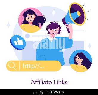 Illustration vectorielle d'une personne utilisant un mégaphone symbolisant la promotion et la communication dans le marketing d'affiliation. D'autres personnes et icônes de médias sociaux représentent l'interaction en ligne. Illustration de Vecteur
