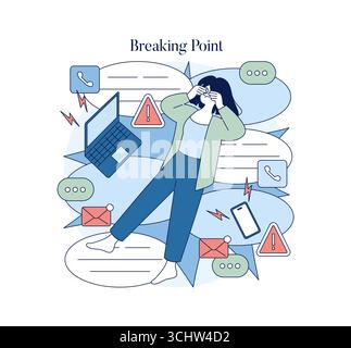 Illustration vectorielle d'une personne submergée par les notifications numériques, affichant le stress et l'anxiété. Entouré de messages, d'alertes et de symboles de communication, représentant la tension mentale. Illustration de Vecteur
