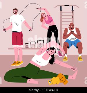 Groupe diversifié de personnes dans un cadre de gymnastique effectuant divers exercices avec de l'équipement. Inclut des activités comme les étirements, la corde à sauter et les exercices de poids corporel dans une illustration vectorielle. Illustration de Vecteur