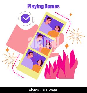 Illustration vectorielle d'une main tenant une bande de photos mettant en scène des individus s'engageant dans des interactions ludiques. Les couleurs vives et les éléments dynamiques évoquent la joie et la célébration, parfaits pour les projets à thème ludiques. Illustration de Vecteur