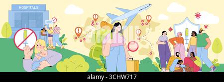 Illustration vectorielle illustrant les restrictions de voyage en cas de pandémie. Les scènes incluent un hôpital avec un symbole de vaccination, un voyageur inquiet avec des bagages, et diverses personnes, soulignant les préoccupations mondiales. Illustration de Vecteur