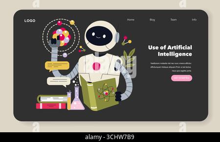 Illustration vectorielle d'un robot joyeux s'engageant avec un livre sur l'intelligence artificielle. Les éléments environnants comprennent des livres, des équipements de laboratoire et une interface numérique. Illustration de Vecteur