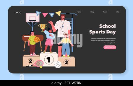 Illustration vectorielle passionnante de journée sportive scolaire mettant en vedette des enfants sur un podium avec des trophées et des équipements sportifs, guidés par un entraîneur. Célébrer les réalisations et le travail d'équipe dans un environnement scolaire. Illustration de Vecteur
