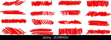 Jeu de formes de pinceau grunge rouge. Collection soulignement et emphase de crayon dessinée à la main. Bouquet de gribouilles et gribouilles pastel mouillées ou sèches. Vecteur craie rugueuse croquis et squiggles croquis et croquis de charbon de bois Illustration de Vecteur