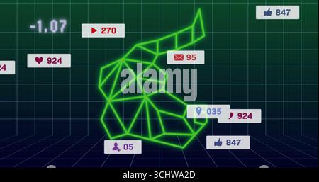 Forme flottante en poly bas vert au-dessus du sol de la grille bleu foncé dans l'interface de données, montrant des icônes métriques Banque D'Images