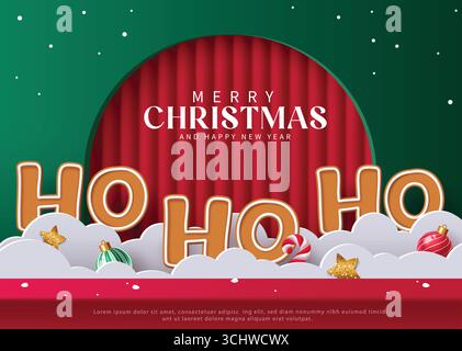 Clipart de Noël des fêtes avec lettrage Ho Ho Ho, neige, étoiles et ornements festifs colorés Illustration de Vecteur