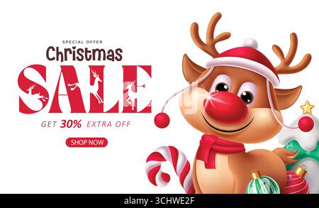 Clipart de vente de Noël avec renne mignon, canne à sucre, ornements et réduction festive des fêtes Illustration de Vecteur