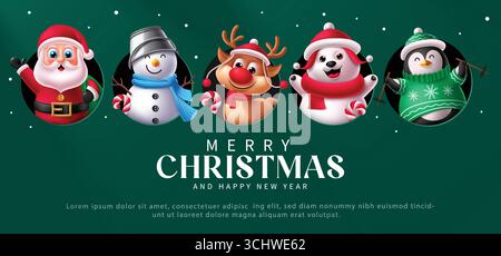 Personnages de Noël mignons avec Père Noël, bonhomme de neige, renne, ours polaire et pingouin vœux de vacances Illustration de Vecteur