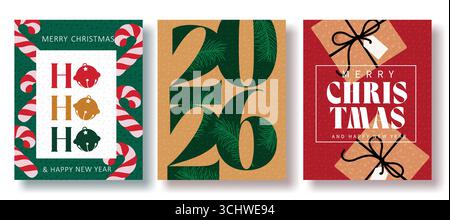 Ensemble de cartes de vacances festives avec cloches de Noël, cannes de bonbons, boîtes cadeaux et encouragement du nouvel an 2026 Illustration de Vecteur