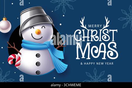 Joli bonhomme de neige souriant avec écharpe bleue, canne à sucre et illustration festive de voeux de Noël Illustration de Vecteur