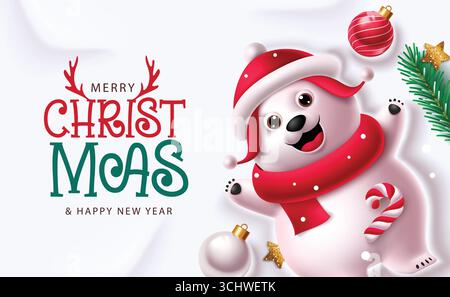 Mignon ours polaire dans le chapeau de Noël et l'écharpe avec canne de bonbons et ornements clipart de vacances festif Illustration de Vecteur