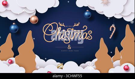 Décorations festives de Noël Clipart, canne à sucre et arbres enneigés avec lettrage des fêtes élégant Illustration de Vecteur