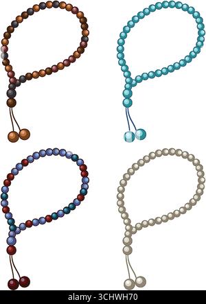 Quatre bracelets de perles de prière distincts en illustration vectorielle, disposés sur fond blanc, ombrage réaliste Illustration de Vecteur