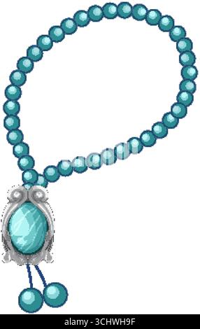 Illustration vectorielle de perles de prière turquoise, pendentif en argent, finition brillante, fond blanc propre Illustration de Vecteur
