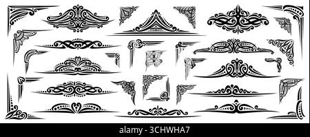 Vector Corners and Borders Set, collection d'illustrations isolées noires d'éléments de conception abstraits tourbillonnants pour la création de certificats, de vieilles bordures et Illustration de Vecteur