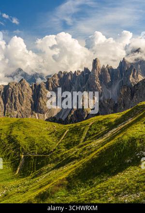 Superbe vue verticale des Dolomites avec des pics rocheux spectaculaires, des prairies alpines luxuriantes et un ciel bleu clair. Paysage de montagne classique du nord de l'Italie, Banque D'Images