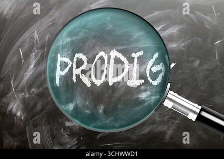 Prodige - apprendre, étudier et inspecter. En regardant de plus près Prodigy. Une loupe agrandissant le mot 'prodigy' écrit sur un tableau noir Banque D'Images