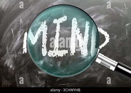 Esprit - apprendre, étudier et inspecter. Regarder l'esprit de plus près. Une loupe agrandissant le mot « esprit » écrit sur un tableau noir Banque D'Images