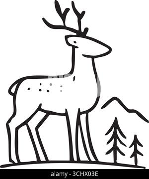 Un cerf gracieux s'arrête près de minuscules pins représentés dans des lignes noires nettes sur un champ blanc. Illustration de Vecteur