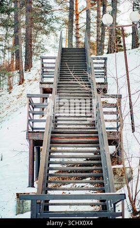 escalier en bois menant vers le haut à travers le paysage forestier enneigé en saison d'hiver, structure extérieure rustique avec des garde-corps entourés d'arbres, voyage, a Banque D'Images