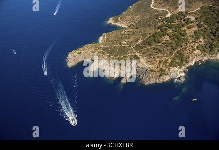 Méditerranée Baie de Roses, eau bleue, Roses, Costa Brava, Catalogne, Espagne, Europe, vue aérienne, vue des yeux d'oiseau, photographie aérienne, photogr. aérienne Banque D'Images