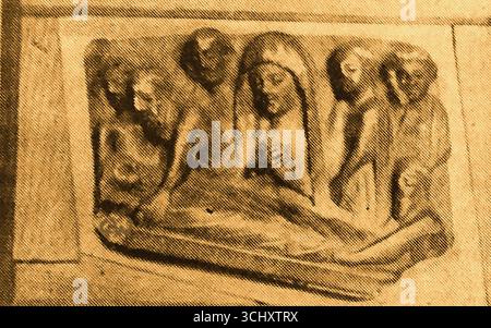 Une image imprimée de 1908 d'une tablette du XIIe siècle montrant l'enterrement du Christ, trouvée dans la crypte de York Minster. Banque D'Images