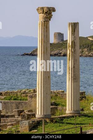 Sardaigne, péninsule de Sinis et ruines historiques et colonnes, zone Archeologica di Tharros Musée archéologique, Tharros, Europe, Province d'Oristano Banque D'Images